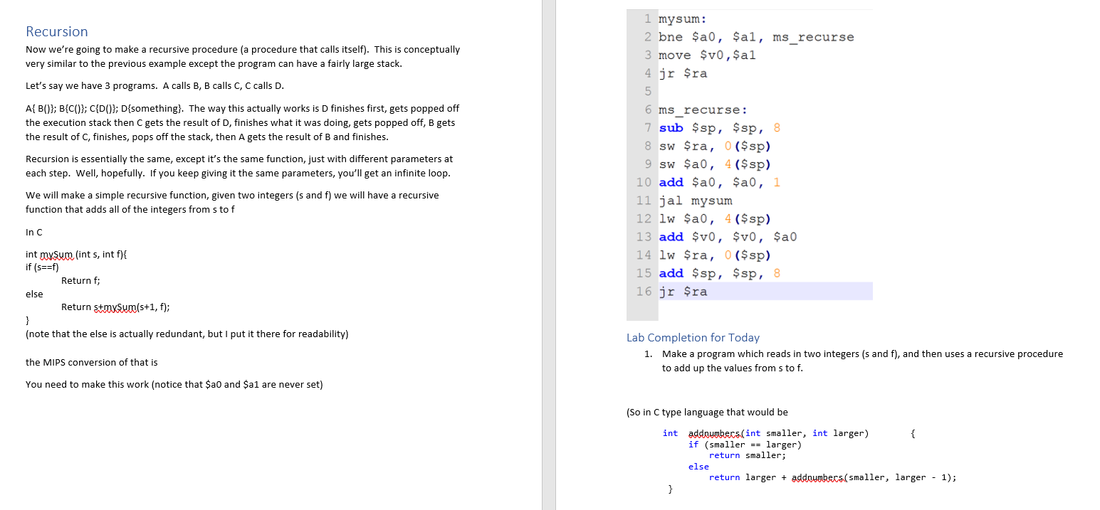 a program which reads in two integers (s and f), and