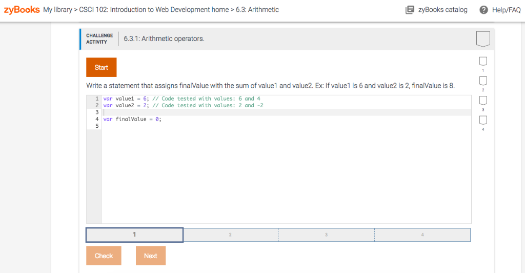 JAVASCRIPT CODE PLEASE!! zyBooks My library>CSCI 102: Introduction to Web Development home>6.3