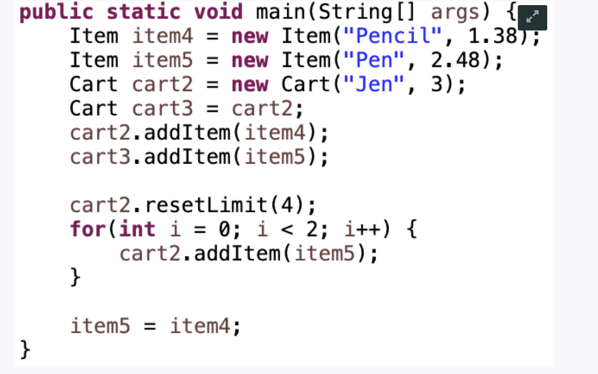 Java draw box and pointer driagfram for main method given class implications.