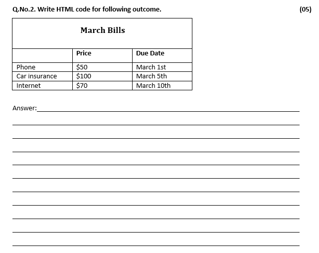  Q.No.2. Write HTML code for following outcome. (05) March Bills Price