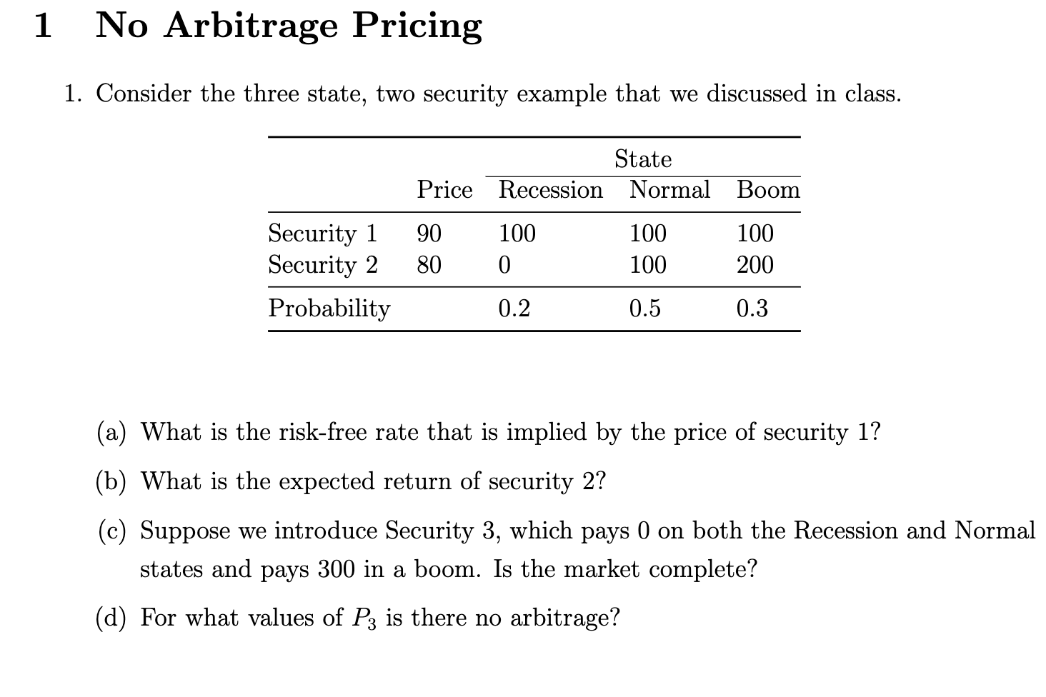 1. Consider the three state, two security example that we discussed