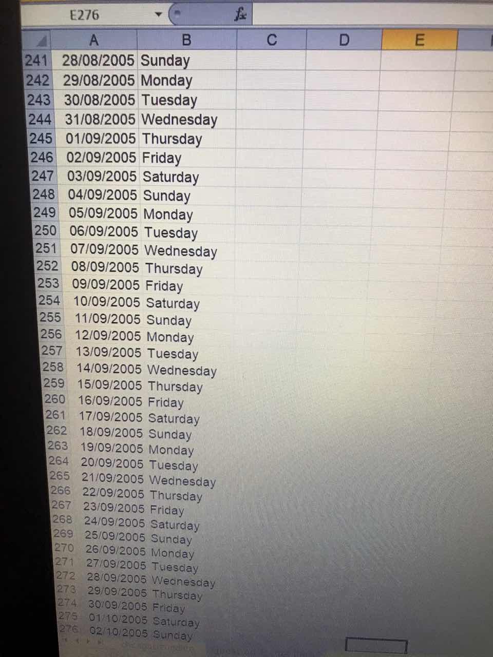 10/01/2005 Monday 12 11/01/2005 Tuesday 13 12/01/2005 Wednesday 14 13/01/2005 Thursday 15