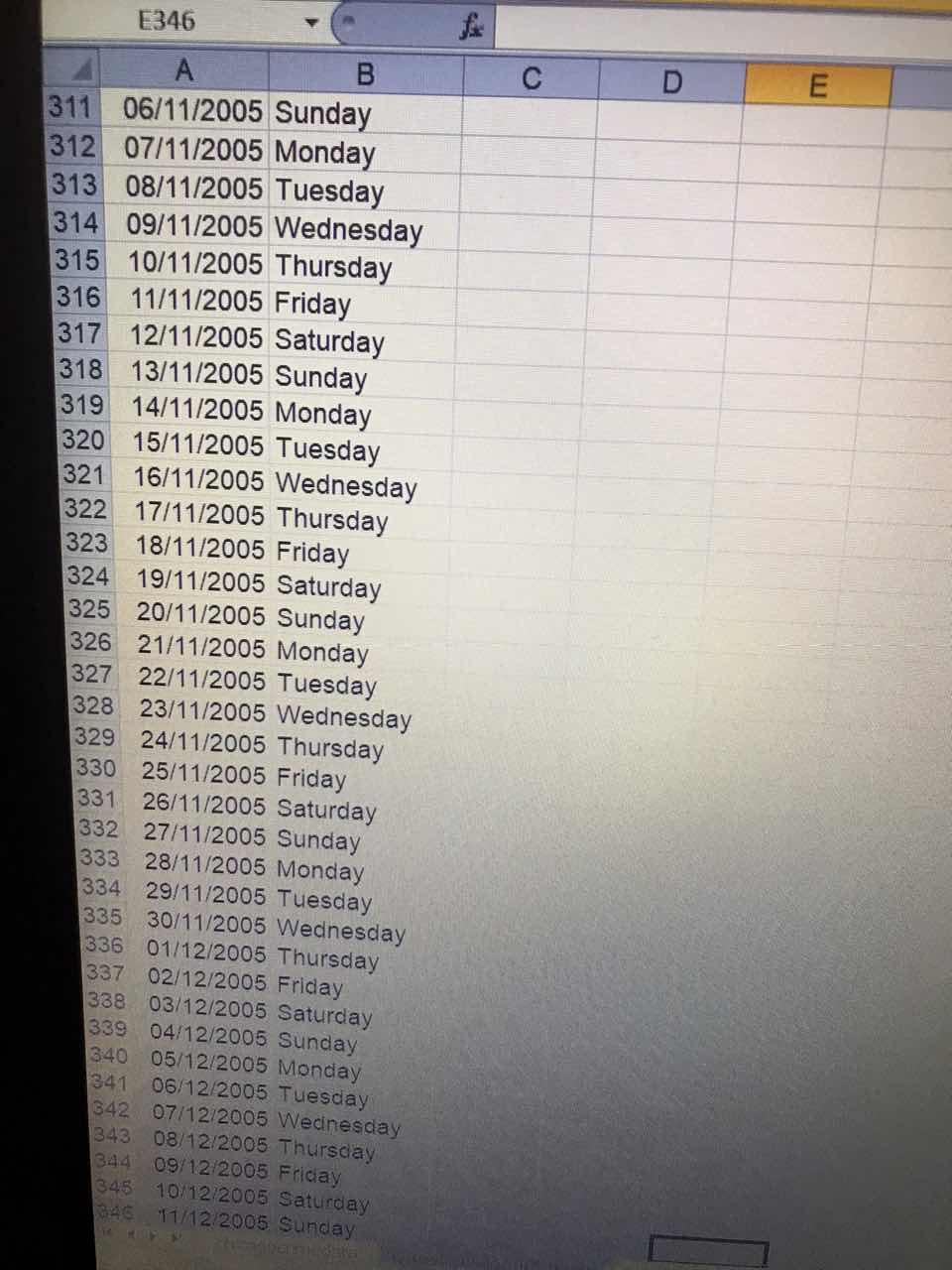 Tuesday 20 19/01/2005 Wednesday 21 20/01/2005 Thursday 22 21/01/2005 Friday 23 22/01/2005