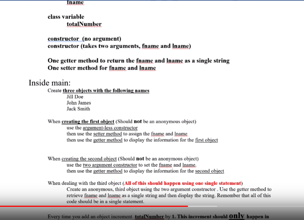 fname lname Class variable total Number Constructor (no arguments) Constructor (takes two
