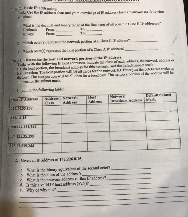  Step 2. Basic IP addressing. Task: Use the IP address chart
