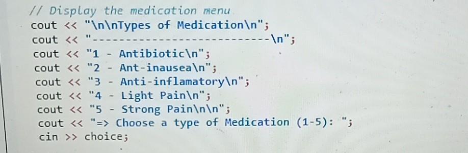 Prototypes int getSurgeryType(); int getMedicationType(); int getOtherServices(); double hospitalStay (double); double getSurgeryCharges(int,