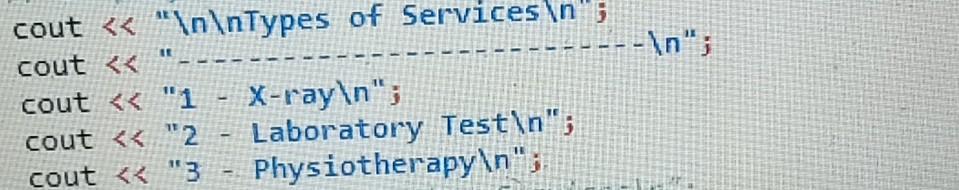 double); double getPharmacyCharges (int, double); double getServiceCharges (int, double); void patientBill(double, double,