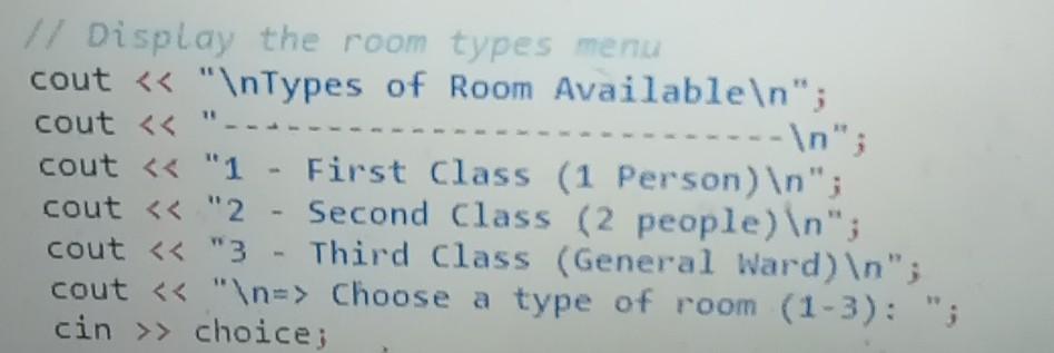 double, double); // Main Function int main() { int surgeryType; // To