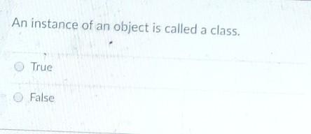 An instance of an object is called a class. True False