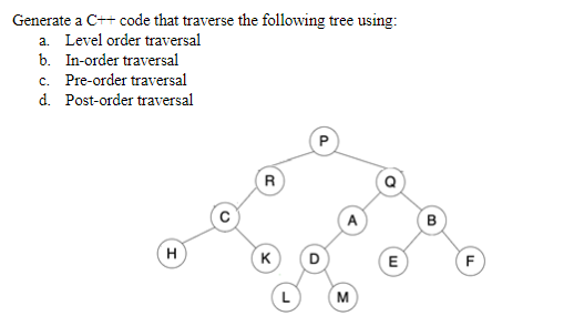  Generate a C++ code that traverse the following tree using: a.