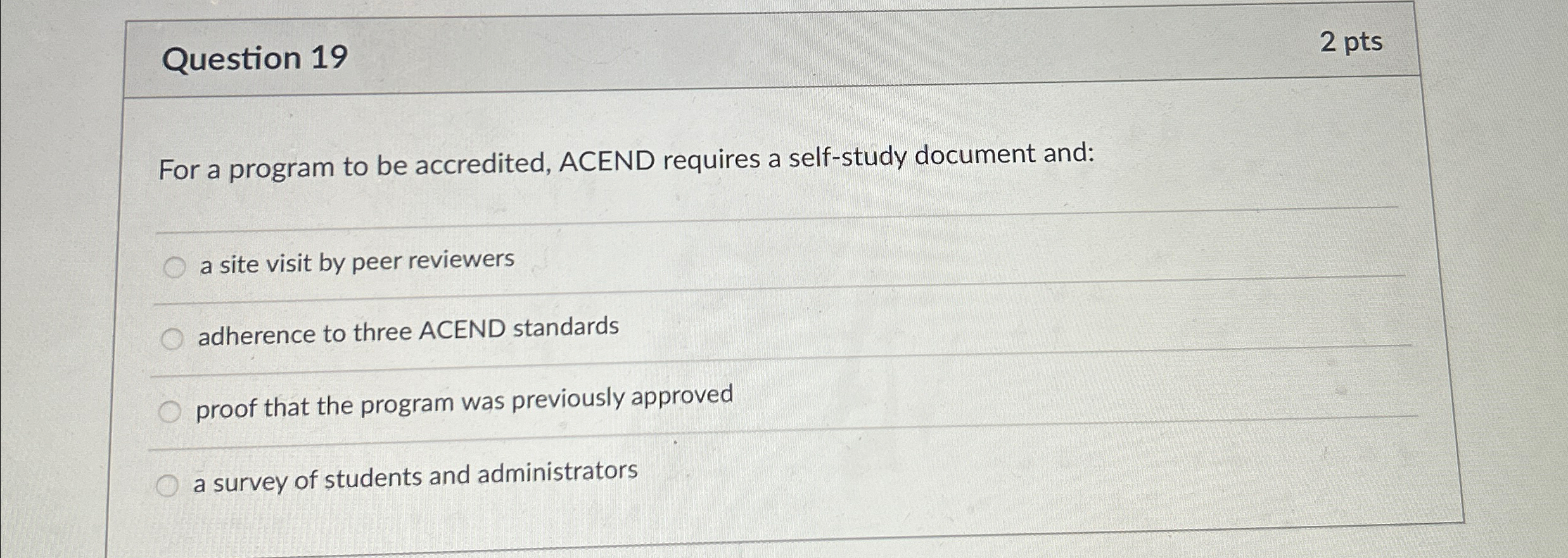  Question 19 2 pts For a program to be accredited, ACEND