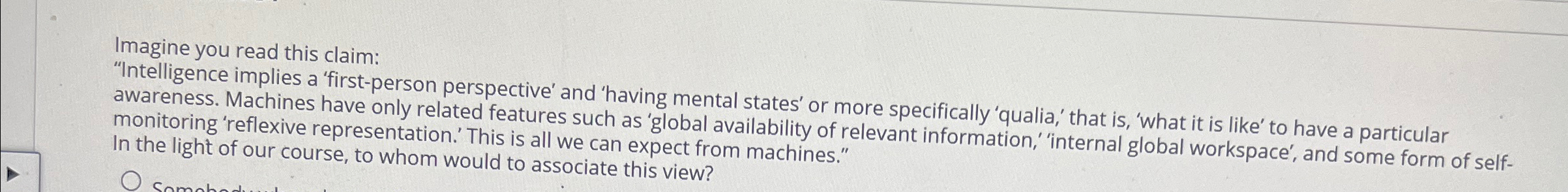  Imagine you read this claim: "Intelligence implies a 'first-person perspective' and