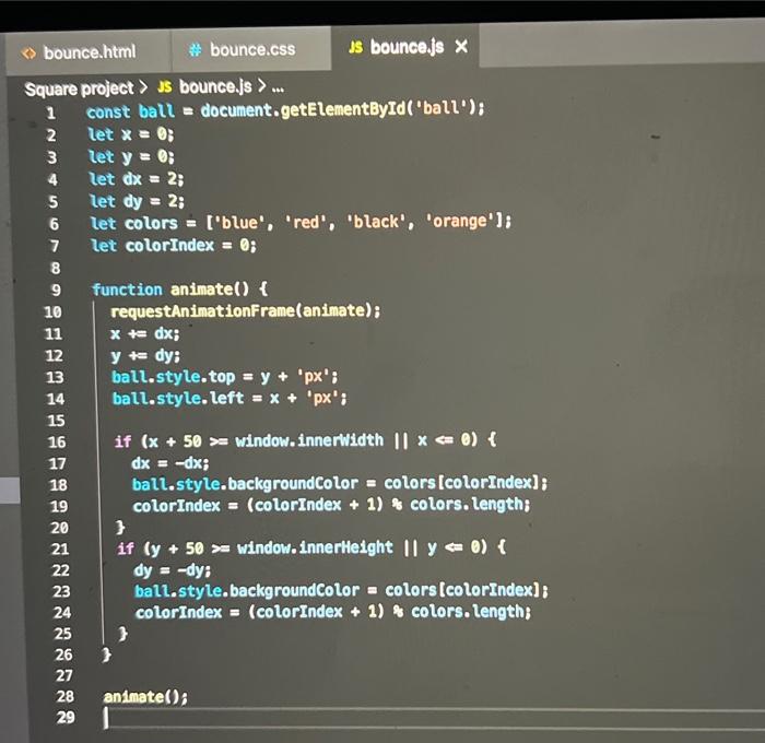 Square project > \# bounce.css > \#ball \begin{tabular}{l|l} 1 & Mball \\
