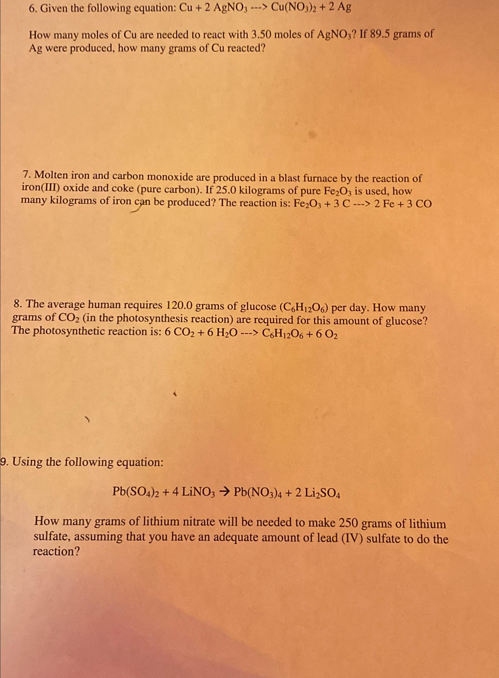  Given the following equation: Cu+2AgNO3Cu(NO3)2+2Ag How many moles of Cu are