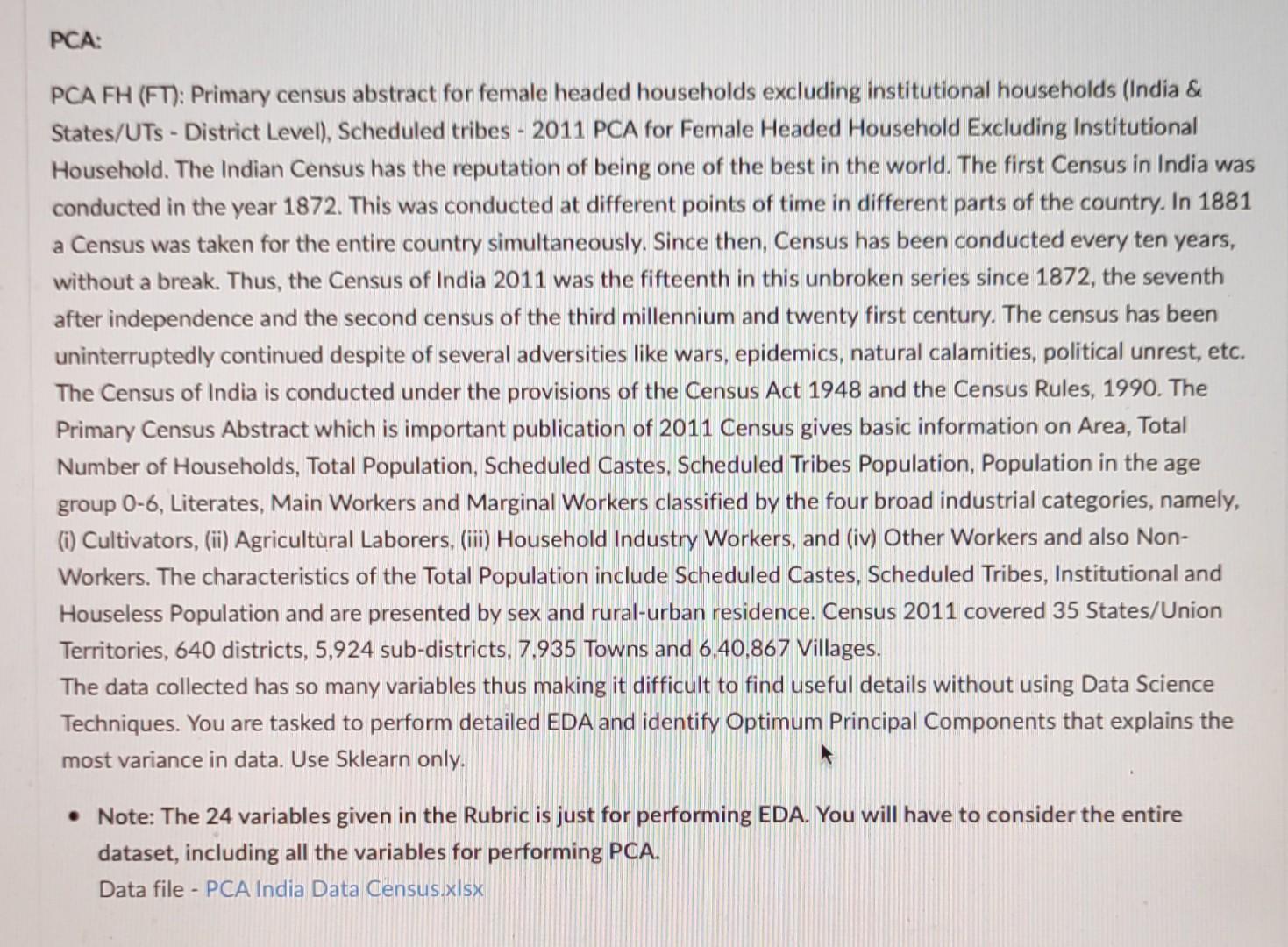 solve using python code PCA: PCA FH (FT): Primary census abstract