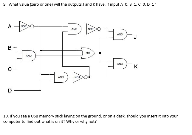  9. What value (zero or one) will the outputs J and