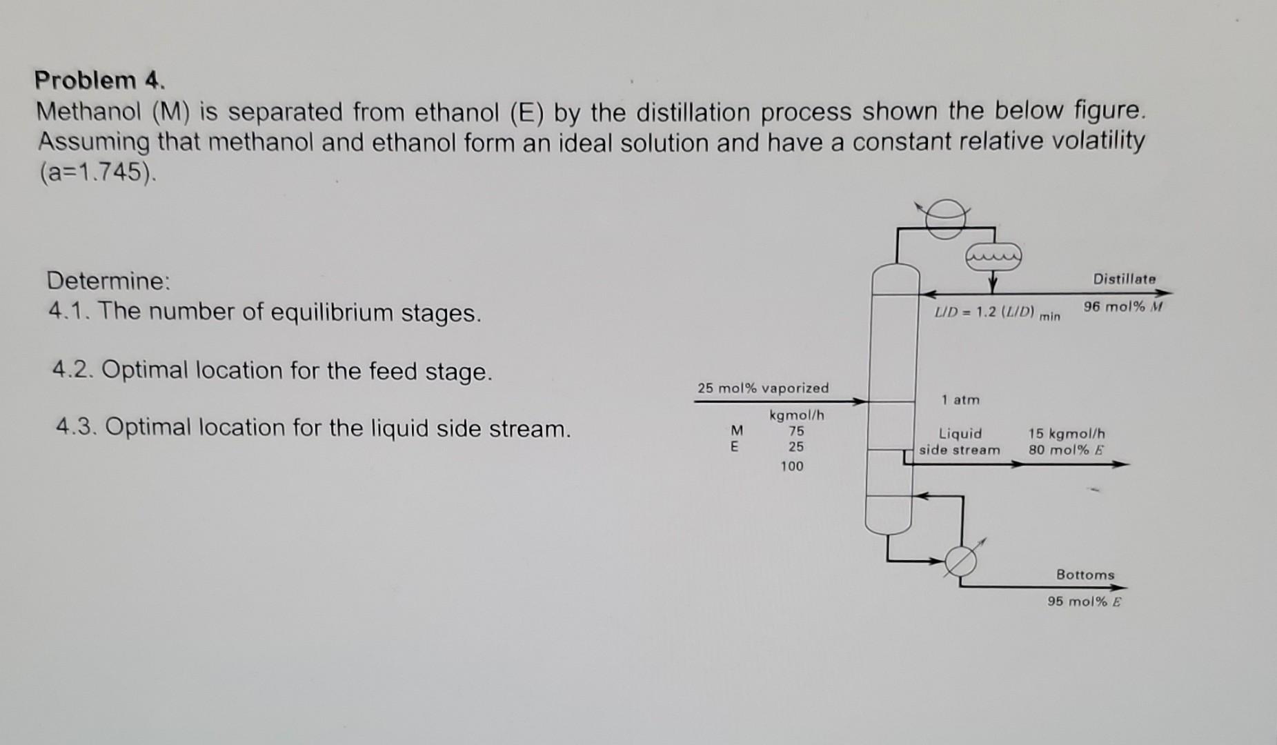  Problem 4. Methanol (M) is separated from ethanol (E) by the