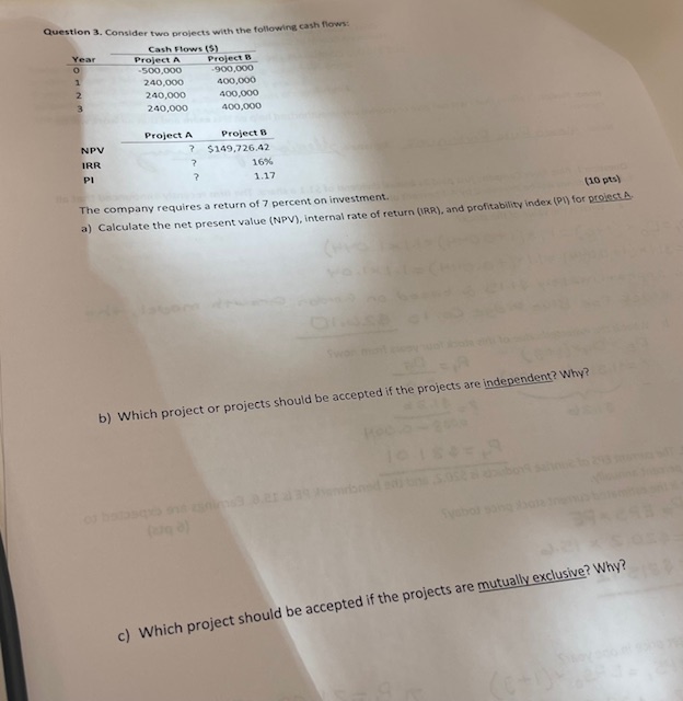  Question 3. Consider two projects with the following cash flows: The