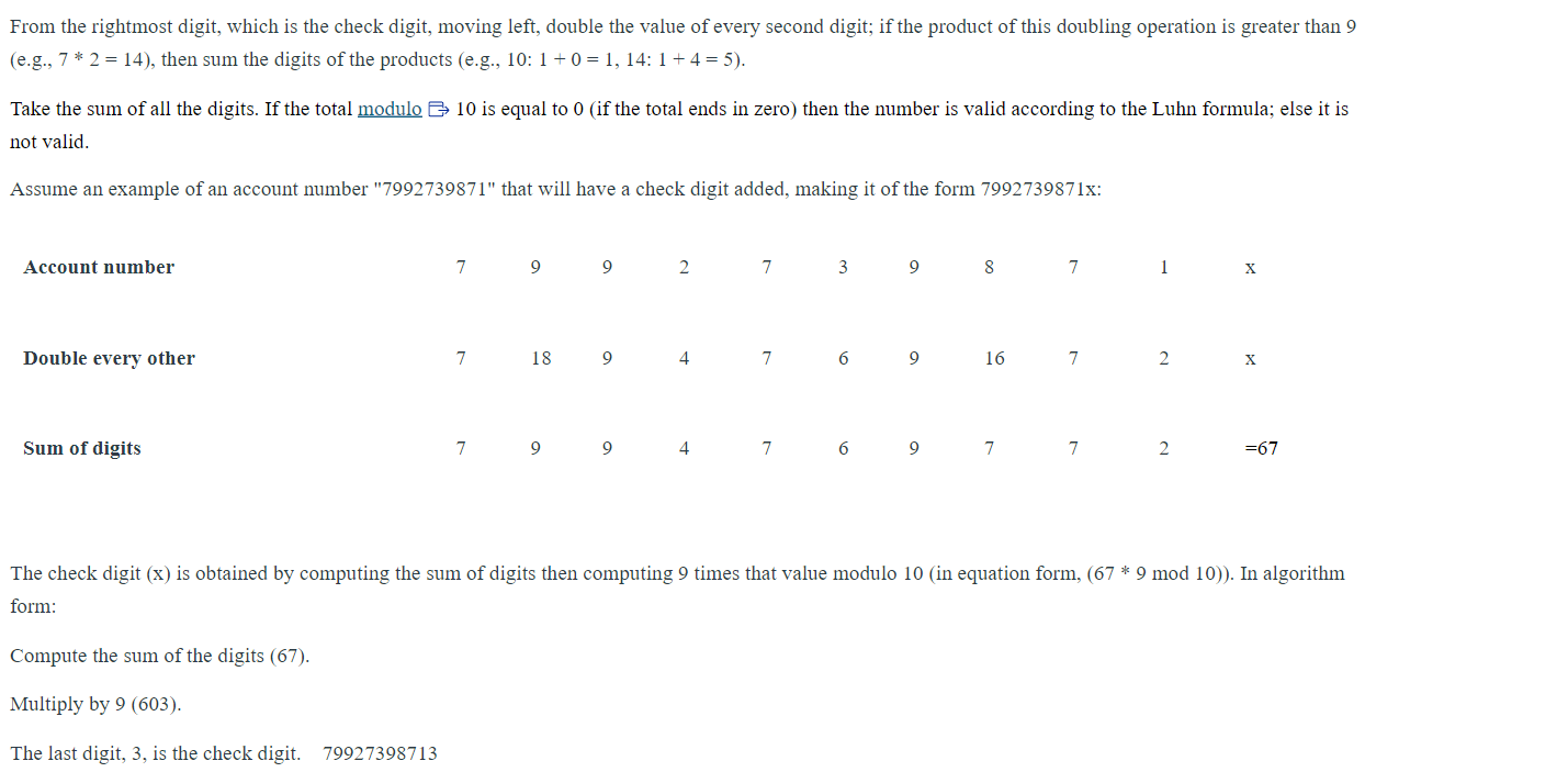  CCreate the parity bits using the Luhn Algorithm to pre-check the