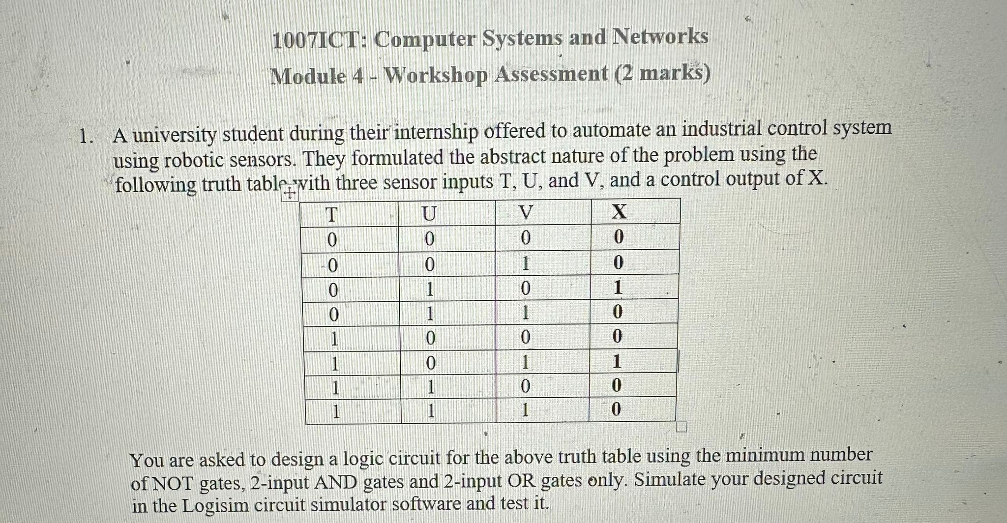  1007ICT: Computer Systems and Networks Module 4- Workshop Assessment (2 marks)