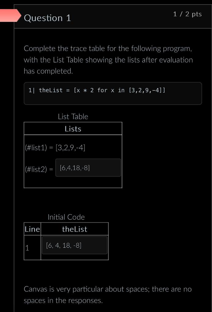  theList or second input is wrong Complete the trace table for