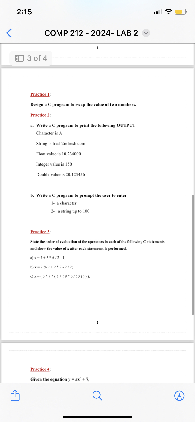  2:16 .ll COMP 212-2024- LAB 2 c)x=(3**9**(3+(9**33))); 2 Practice 4: Given