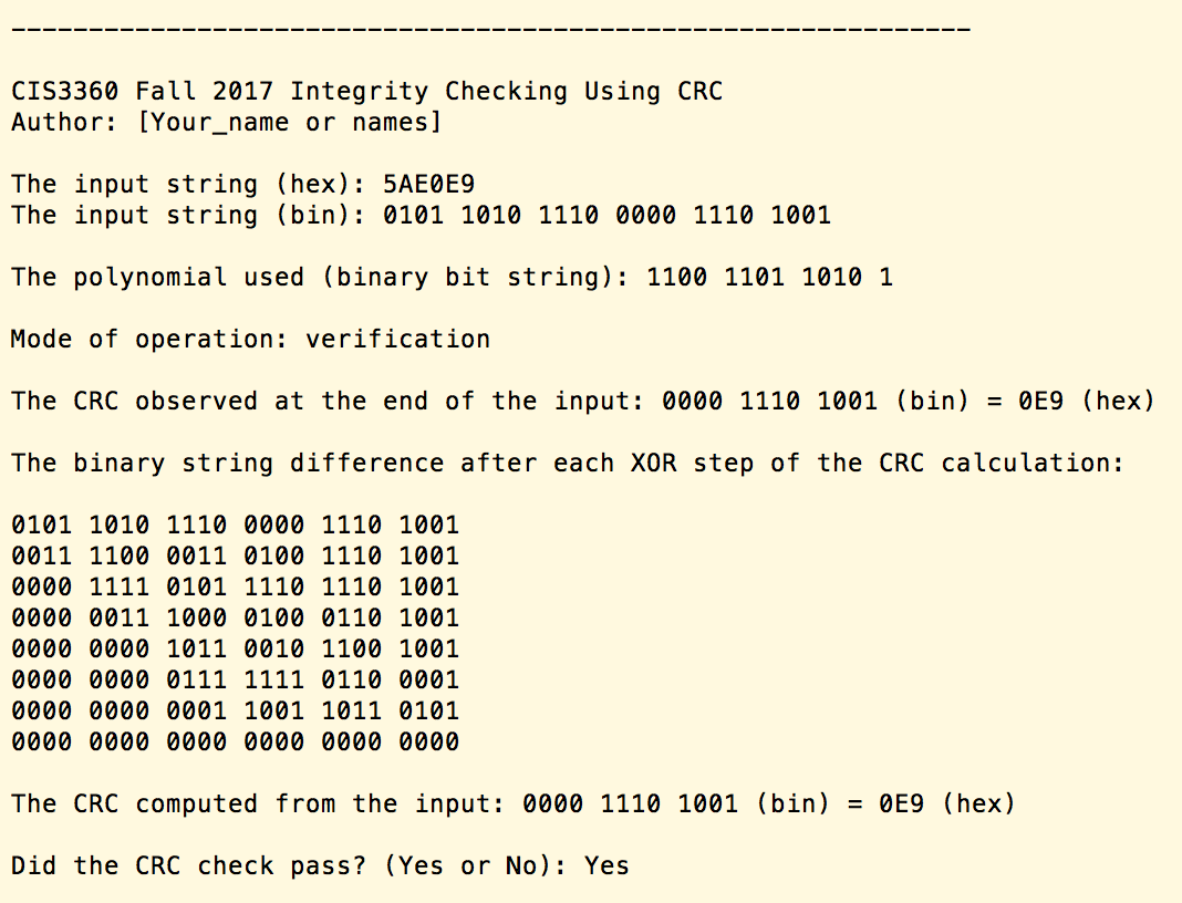 CRC-12 value for a given input string. In "verification" mode, the program