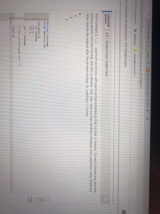  sci 019/chapter/4/se EF151 to C AE Nested loops: Indent text 4