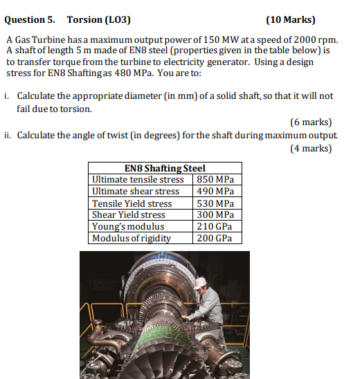  Question 5. Torsion (LO3) (10 Marks) A Gas Turbine has a