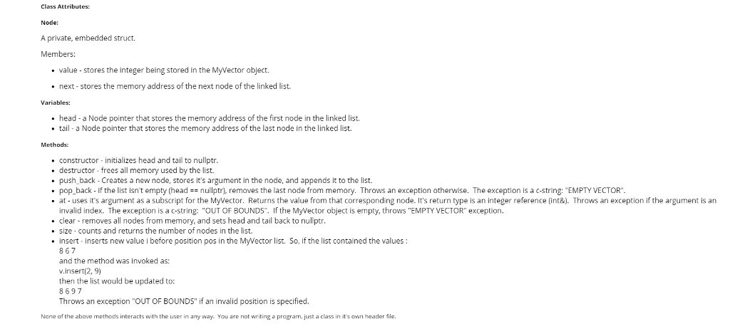 class named MyVector using the following UML diagram and class attribute descriptions.