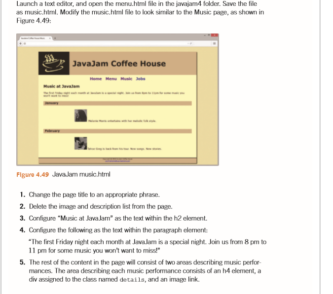 JavaJam website. The Home page and Menu page were created in earlier