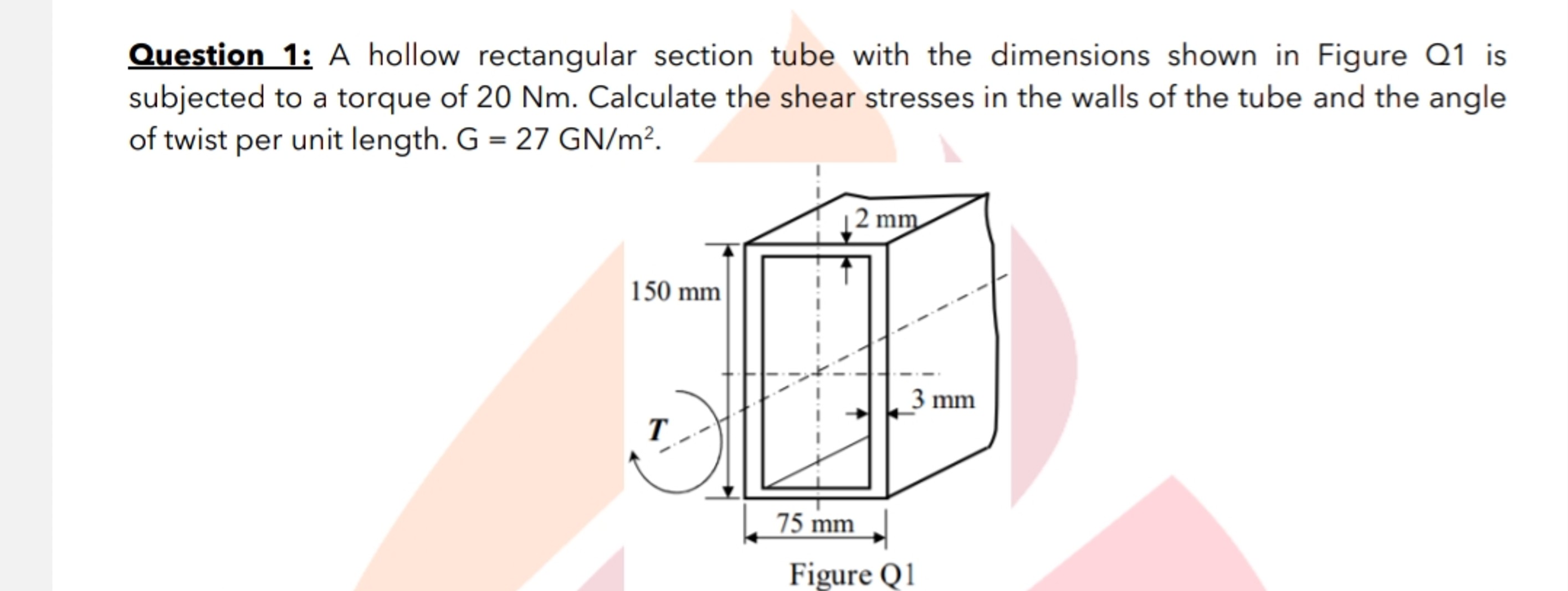  Question 1: A hollow rectangular section tube with the dimensions shown