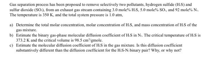  Gas separation process has been proposed to remove selectively two pollutants,