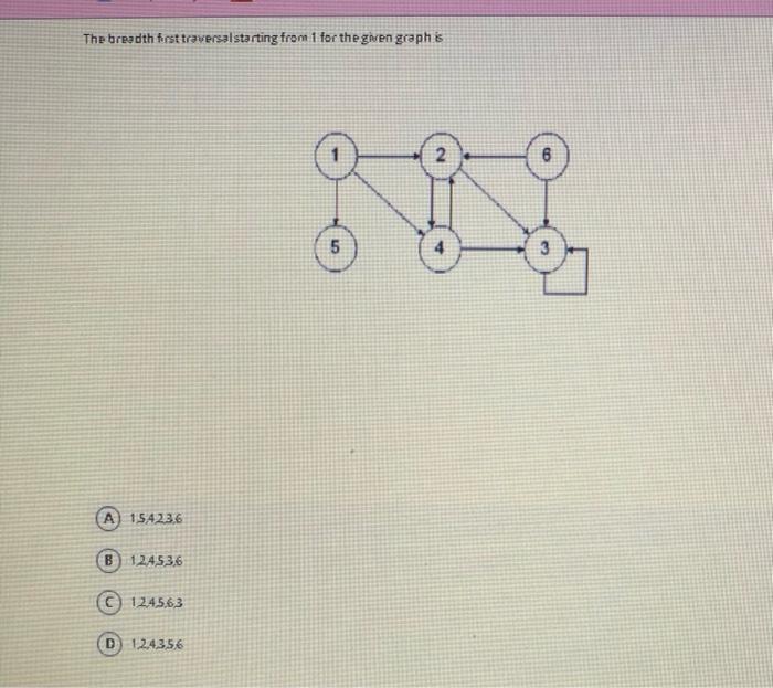 A) 4525,6,1 B 4,1253,6 4321.56 D 4.1.235,6 The breadth first traversalstarting from