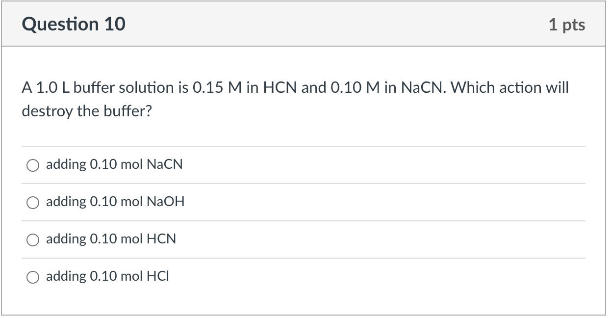 A 1.0L buffer solution is 0.15M in HCN and 0.10M in