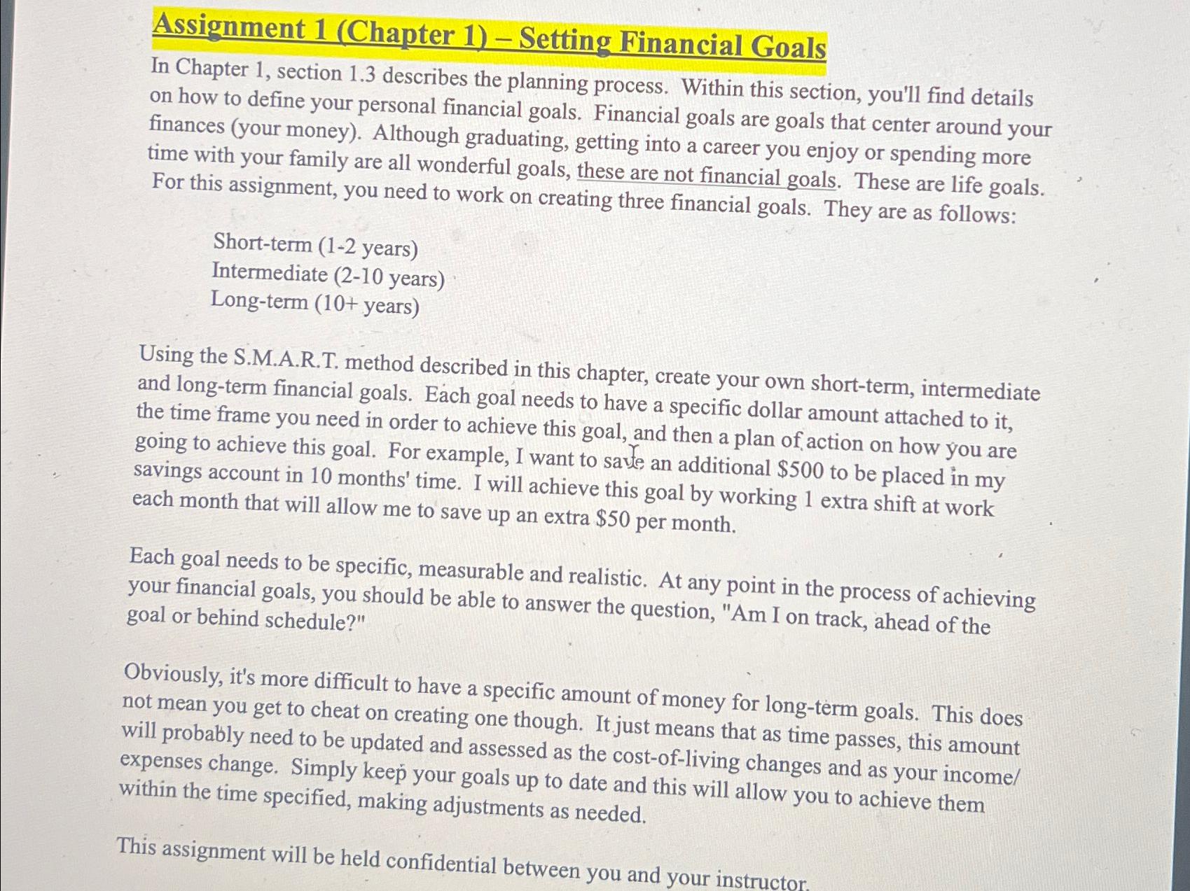  Assignment 1(Chapter 1)- Setting Financial Goals In Chapter 1, section 1.3