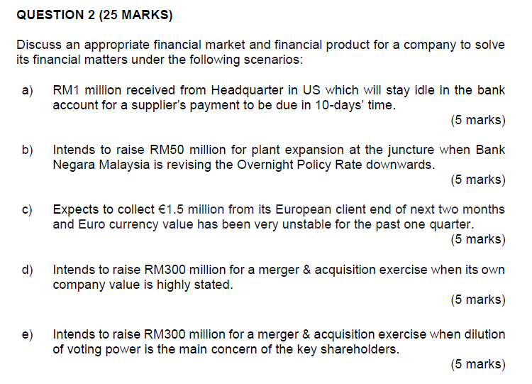  QUESTION 2(25 MARKS) Discuss an appropriate financial market and financial product