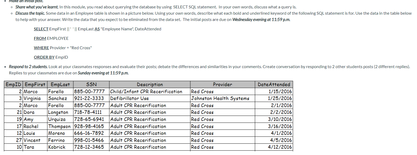 SQL homework! Does not require an actual script. Just answers please Make