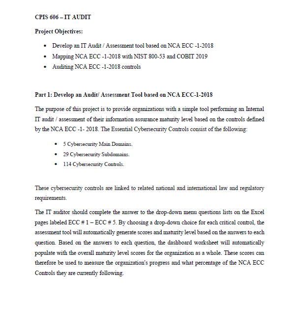 CPIS 606 IT AUDIT Project Objectives: Develop an IT Audit / Assessment