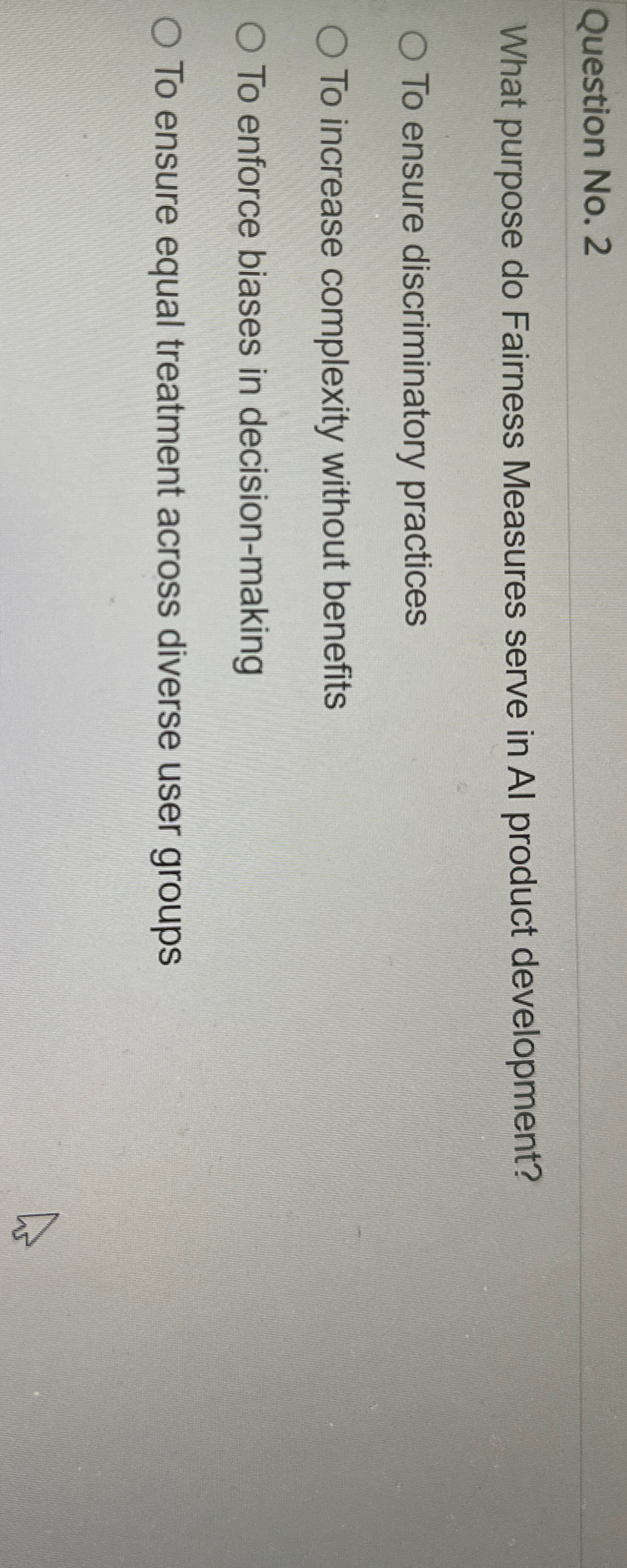  Question No.2 What purpose do Fairness Measures serve in Al product