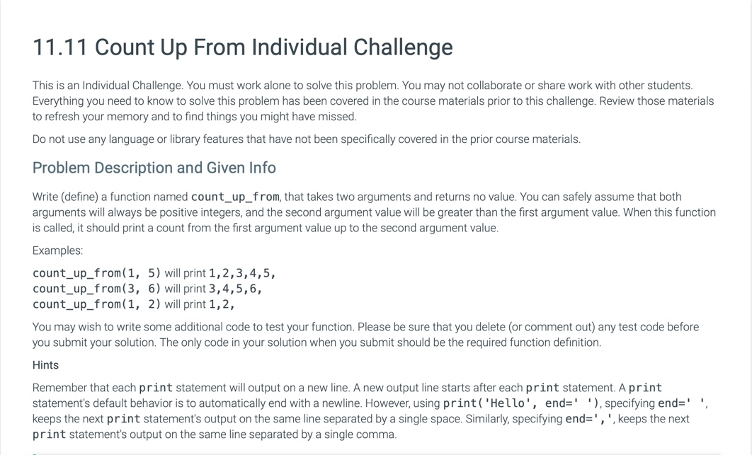  I want answer in python thanks! 11.11 Count Up From Individual