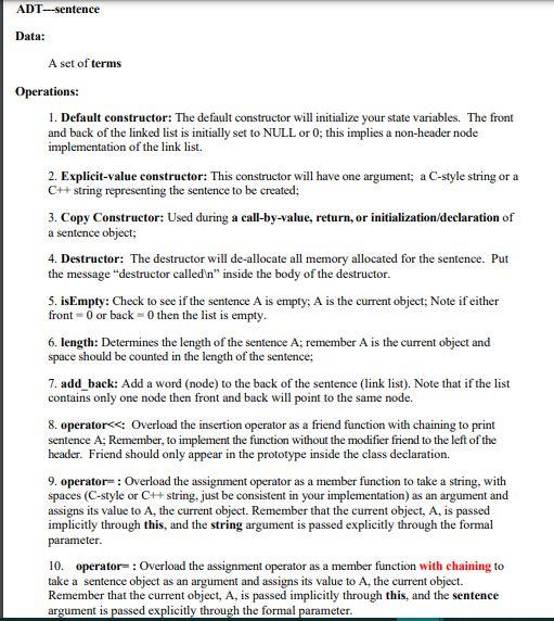 word { public: string term; word* next; }; class sentence { public: