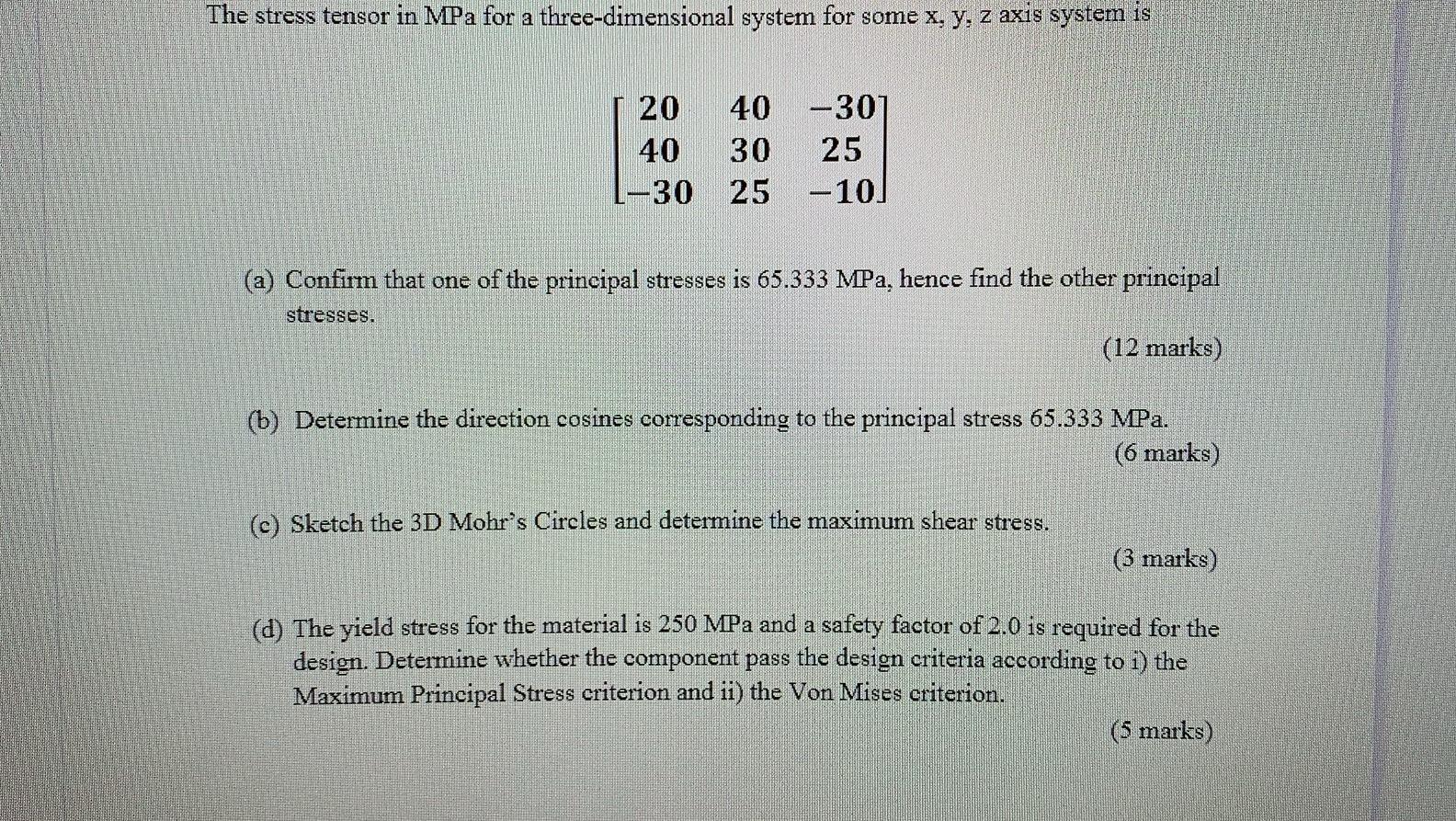  The stress tensor in MPa for a three-dimensional system for some