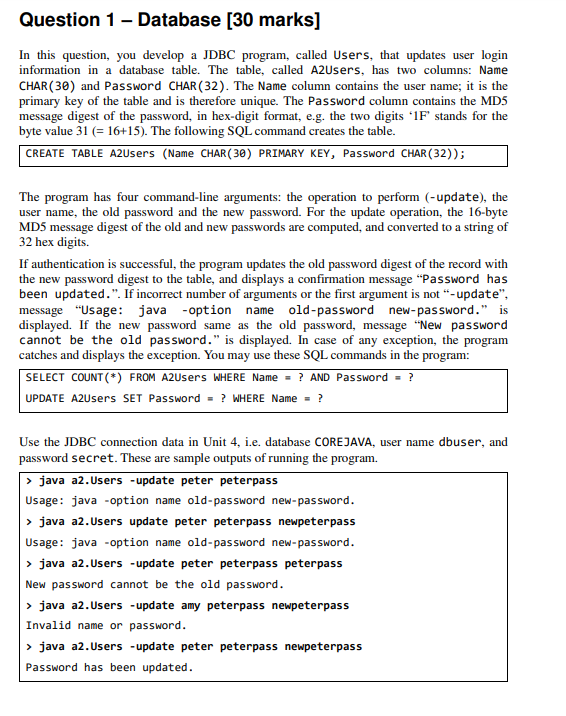 JAVA coding Question 1 - Database [30 marks] In this question,