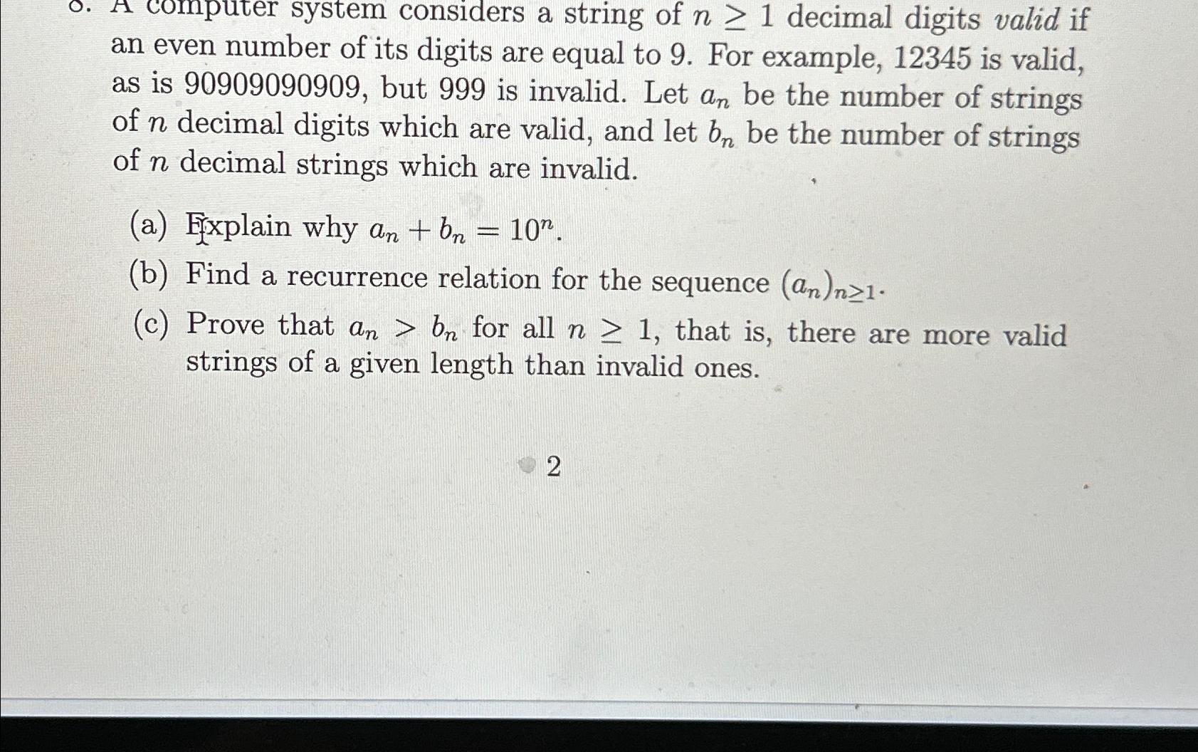  o. A computer system considers a string of n1 decimal digits