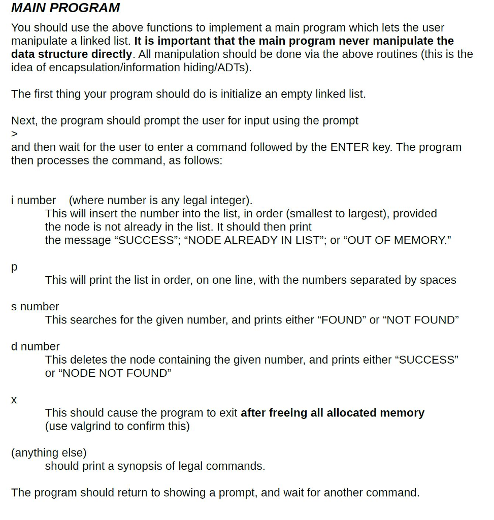 I'm writing a main program in C for assignment that adds, deletes,