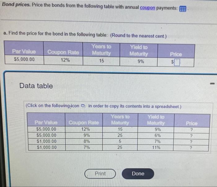  Bond prices. Price the bonds from the following table with annual
