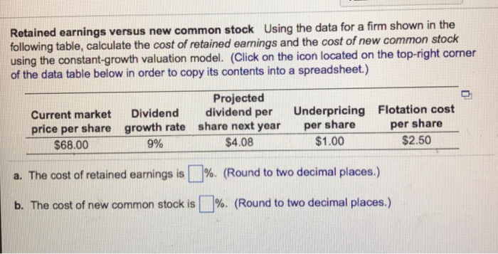  Retained earnings versus new common stock Using the data for a