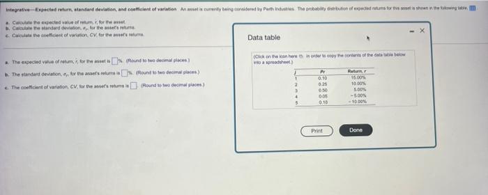  help integrative-Expected return, standard deviation, and coefficient of variation An asset