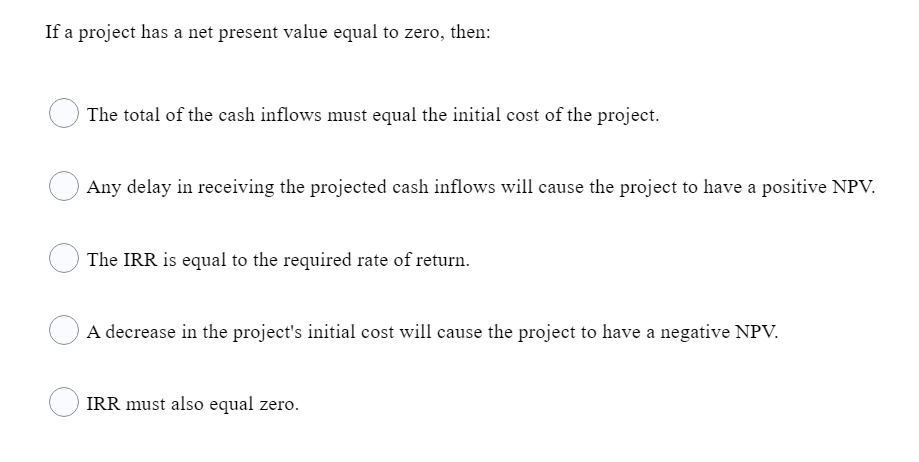  If a project has a net present value equal to zero,